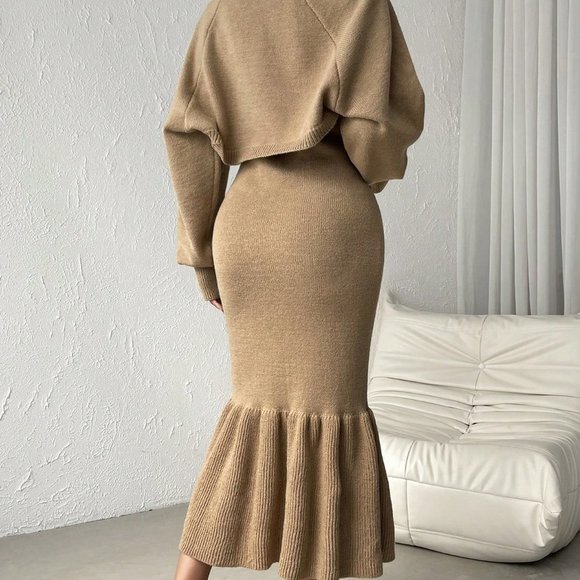 Mocha Brown Casual Womens Ruffle Hem Sweater Dress & Lantern Sleeve Bolero - Picture 2 of 5